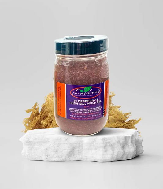 Elderberry & Irish Sea Moss Gel by Sunshine's Health Food Store — wildcrafted Caribbean sea moss blended with antioxidant-rich elderberry, packed with 92 minerals for immune support