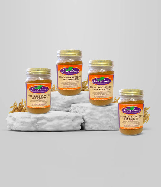 Sunshine’s Surprise Sea Moss Bundle 4-pack — wildcrafted Irish seamoss gel from the Caribbean infused with bladderwrack, cinnamon and agave, rich in 92 minerals